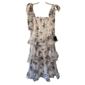Lulus Women's Floral Print Corset Tiered Midi Dress Tie Strap White‎ Gray